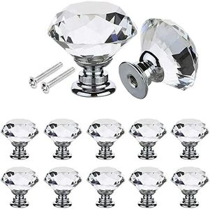 30mm Crystal Glass Cabinet Knobs Clear Diamond Shape Drawer Pull Handle with Screws for Cupboard Drawer Dresser Door Kitchen (10PCS, White)