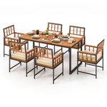 Tangkula 7 Pieces Patio Dining Set, Outdoor Acacia Wood Table and Chairs with Soft Cushions and 1.96” Umbrella Hole for Backyard, Garden, Poolside