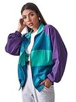 SweatyRocks Women's Lightweight Windbreaker Patchwork Zipper Sport Jacket Coat Outerwear, Purple Blue, Large