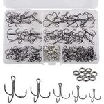 Fishing Treble Hooks Kit with Split Rings, 150pcs/box Sharp Round Bend Treble Hooks High Carbon Steel Hooks with Stainless Steel Double Split Ring for Fishing Lures Baits Freshwater Saltwater Fishing