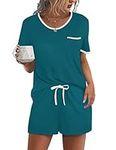 Ekouaer Pajama Set Shorts for Women 2 Piece Sleepwear Short Sleeve Tops Soft Pjs Lounge Set, Chest Pocket Blue Green