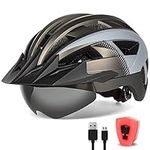 FUNWICT Adult Bike Helmet with Visor and Goggles for Men Women Mountain Road Bicycle Helmet Rechargeable Rear Light Cycling Helmet (L: 57-61 cm (22.4-24 inches), TiGrey)