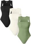 OQQ 3 Piece Bodysuits For Women Sexy Ribbed Strappy Square Neck Stretch Tank Tops Bodysuits Black Pea green Beige