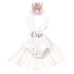 IBTOM CASTLE Baby Girl 1st Birthday Outfit +Crown Boho Ruffle Sleeveless Lace Tulle Romper Princess Tutu Dress Backless Infant Bodysuit First Birthday Photoshoot Clothes White+Crown 9-12 Months