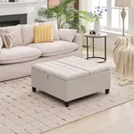 GarveeHome Ottoman with Storage, 35" Extra Large Storage Ottoman Coffee Table with Lift Top, Oversized Square Ottoman with Storage for Living Room, Tufted Linen Ottoman Foot Rest for Bedroom, Cream