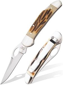 Bear & Son Stagbone Cowhand Lockback Folding Knife, 2 7/8” High Definition Damascus Steel Blade, Genuine India Stag Bone Handle with Pocket Clip (5149L)