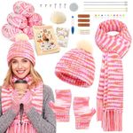 Reessy Knitting Kit, Knitting Set for Beginners Adults with Step-by-Step Video Tutorials, Knitting Needles, Yarn, Accessories, Complete 3-in-1 Knitting Kits for Adults-Make Warm Hat Scarve Gloves-Pink