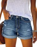 Angerella Womens Ripped Denim Jean Shorts Mid Rise Stretchy Distressed Short Jeans Navy Blue L