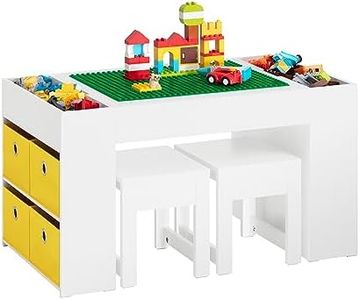 SoBuy Table Enfants avec 2 Tabourets, Ensemble de Table de Construction Enfant avec 2 Tabourets, Bureau Enfant avec 8 Bac de Rangement, Table de Bloc de Construction Double Face, KMB75-W