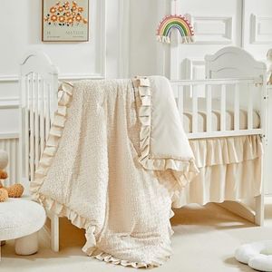 3 Pieces Tufted Crib Bedding Set with Ruffle Fringe, Beige Ruffled Comforter with Fitted Sheet and Bed Skirt, Soft and Embroidery Shabby Chic Boho Bohemian Jacquard Design for Baby Girls Boys