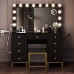 DWVO Black Vanity Desk with Large Mirror, Lights and Charging Station - Large Makeup Table Set with 14 LED Lights Bulbs, Magnifying Glass Drawers and 3 Light Modes