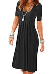 YMING Ladies Solid Color Summer Dress Short Sleeve Pleated Dress Knee Length Dress Blk 3XL