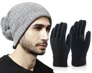 Weavers Villa Set of Snow Proof Inside Fur Acro Wool Unisex Beanie Cap Knit Hat Thick Fleece Lined Winter Cap wIth Gloves for Men & Women, Free Size (IN, Alpha, Free Size, GREY)