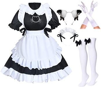 Anime French Cat Maid Apron Fancy Dress Cosplay Costume Headwear Gloves Socks Set, Black, 3X-Large