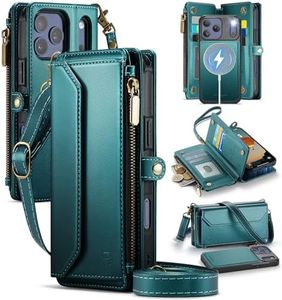 Strapurs for iPhone 17 Pro Detachable Wallet Case Compatible with Magsafe, RFID Blocking 9-Card Holder Zipper Wrist Strap Lanyard PU Leather Magnetic Phone Case for iPhone 17 Pro 6.3", Blue Green