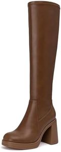 Athlefit Knee High Boots Women Chunky Platform High Heel Tall Boots Square Toe Fashion Dress Stretch Long Heeled Booties Tan Size 7.5