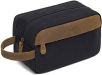 Toiletry Bag for Men Women, VASCHY Vintage Large Leather Canvas Wash Bag Dual Compartments Shaving Dopp Kit, Portable Travel Accessory Black