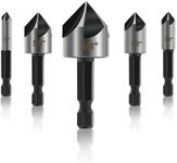 GMTOOLS 5PCS Countersink Drill Bit Set, High Speed Steel Countersink Bits, 82 Degree 5 Flute Pieces, 1/4 Inch Hex Shank, Fit for Sink Holes into Metals, Wood, Plywood, Plastic