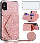 Asuwish Phone Case for iPhone X 10 Wallet Cover with Tempered Glass Screen Protector and Crossbody Strap Lanyard Bling Glitter Credit Card Holder iPhoneX iPhone10 i PhoneX 10x Women Girls Pink