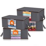 Lifewit 4 Pack Clothes Storage Bag Foldable Storage Boxes with Lids Underbed Wardrobe Storage Organiser with Sturdy Fabric Clear Window for Clothing Bedding Sweaters T-shirts Blankets, 35L, Grey