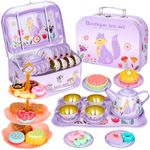 Hnyoou Tea Set for Toddlers, 33 Pcs Kids Tea Set Tea Sets for Children, Tea Party set for Children Kids with Food Dessert Tray Teapot Kitchen Accessories for Boys Girls Pretend Play Age 3 Years Fox-A