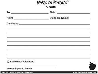 4.25” x 5.5” Blank Note - Notes to Parents, 50 Two-Part Carbon-Less Forms in a Pack for Notes Home, Student Progress Reports, Teacher Reports, Communication to Parents, Learning Aid