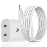 DR VAKU® 25W PD Dual Port Type C Adaptor for iPhone PD Fast Wall Charger with Type C to Lightning Cable for iPhone 14/14 Plus/14 Pro/14 Pro Max, 13/12/11 Series, iPad (Adapter+Cable)