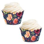 Andaz Press Party Cupcake Wrapper Decorations, Burgundy and Peach Florals on Navy Blue, 24-Pack, For Girls 1st Birthday Baby Bridal Shower Tea Party Themed Decorations