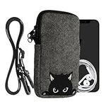 kwmobile Felt Phone Bag with Design L - 6.5" - 16.5 x 8.9 cm Strap Holder - Curious Cat Grey/Black