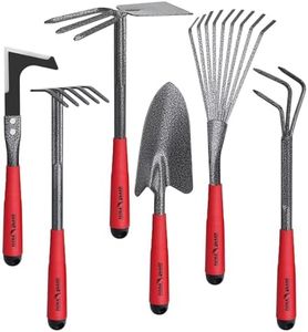 FLORA GUARD 6 Piece Garden Tool Sets - Including Trowel,5-Teeth rake,9-Teeth Leaf rake,Double Hoe 3 prongs, Cultivator, Weeder, Gardening Hand Tools with High Carbon Steel Heads