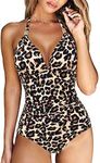 RXRXCOCO Women V Neck One Piece Swimsuits Tummy Control Ruched Swimwear Halter Bathing Suit Leopard Large