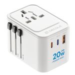 Universal Travel Adapter, International Travel Plug Adapter with 2 USB-C(PD 20W) ＆ 1 USB-A Ports, All in One Portable for USA, UK, EU, AU ＆ 224+ Countries (White) UK