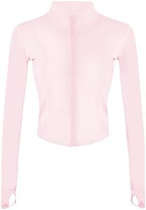 Tanming Women's Full Zip Seamless Workout Jacket Running Yoga Slim Fit Track Jacket (Pink-S)