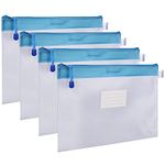 Zipper File Bag, Wisdompro 4 Pack A4 Size Paper Document Storage File Zipper Pouches Holder with Label Pocket Organizer for Office Documents, Business Receipts, User Manual, Magazines - Blue