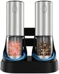 Electric Salt and Pepper Grinder Set, Automatic Pepper Mill Grinder w/Upgraded Charge Base and LED Light,Adjustable Coarseness,Rechargeable Black Peppercorn & Sea Salt Spice Mill Set