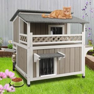 PetsCosset Feral Cat House Outdoor Weatherproof 2-Story Outdoor Cat Shelter for Feral Cats Outside with Balcony, Pull-Out Tray, Waterproof Roof, Platforms, Escape Doors