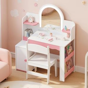 spanspace Kids Vanity with Lights, Princess Girls Vanity with Open Storage Shelves, Toddler Vanity Table and Chair Set, Perfect for Bedroom or Playroom