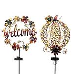 ALLADINBOX 2 Pack LED Solar Powered Metal Pumpkin Garden Stakes Decor, Fall Harvest Outdoor Décor, Yard, Garden, Porch for Thanksgiving Halloween(Welcom & Pumpkin)