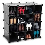 LIVIVO Multi-Purpose 16 Section Interlocking Cube Shoe Rack Organiser with Back Panels Configurable Storage and Display Stand and Holder with Space for 16 Pairs of Shoes Boots Trainers (Black)