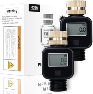 MOES Water Flow Meter with Brass Inlet Metal Thread, Measure Gallon/Liter Consumption and Flow Rate for RV Water Tank Filling, Outdoor Garden Hose Watering, Lawn Sprinkler and Nozzle Sprayer, 2 Pack