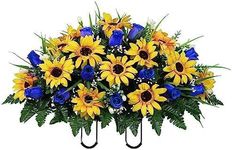 NiXcon Large Artificial Sunflower Cemetery Flowers - Realistic - Outdoor Grave Decorations - Non-Bleed Colors - Saddle for Headstone,Outdoor Tombstone Memorial Decorations, Easy Fit (DarkBlue Yellow)