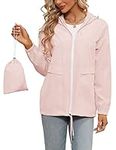 Tisfeer Ladies Rain Jackets Waterproof Lightweight Packable Trench Coat Active Travel Hiking Raincoat(Pink,XL)