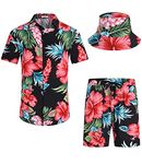 EISHOPEER Men's Hawaiian Shirt Set Short Sleeve Tropical Leaves Outfits Beach Shirt with Bucket Hats Set Medium