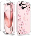 GVIEWIN 3 in 1 Designed for iPhone 15 Plus Case 6.7 Inch, with Screen Protector + Camera Protector Clear Flower [Not-Yellowing] Shockproof Women Slim Phone Cover, 2023 (Sakura/Pink)