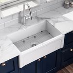 ELLAI Farmhouse Sink 30 Inch White Fireclay Apron Front Single Bowl Deep Drop in Kitchen Sink Undermount Farm Sink with Bottom Grid & Strainer, 30”x18”x10” Reversible