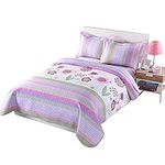 HEYOMART 3 Piece Kids Bedspread Quilts Set Throw Blanket for Teens Girls Bed Printed Bedding Coverlet, Full Size, Purple Floral Striped (Full)