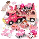 Toddler Girl Truck Car Toys for 1 2 3 Year Old Girl Birthday Gifts, 7-in-1 Pink Princess Transport Carrier Trucks for Toddlers 1-3, Friction Power Toy Cars with Lights & Music, My daughter First Gift