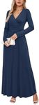 OUGES Womens Long Sleeve V-Neck Wrap Waist Maxi Dress(Navy,S)