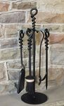 Fire Place Companion Set 5 pce Black Hand Forged Loop Poker with Log Hook 500mm