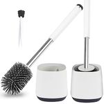 Hulameda [304 Stainless Steel] Toilet Brush and Holder Set 2 Pack, Silicone Toilet Brushes with Long Shank Stainless Steel Handle,Tweezers included. 4.8 x 5.2inch, Gray & White (Flooring)